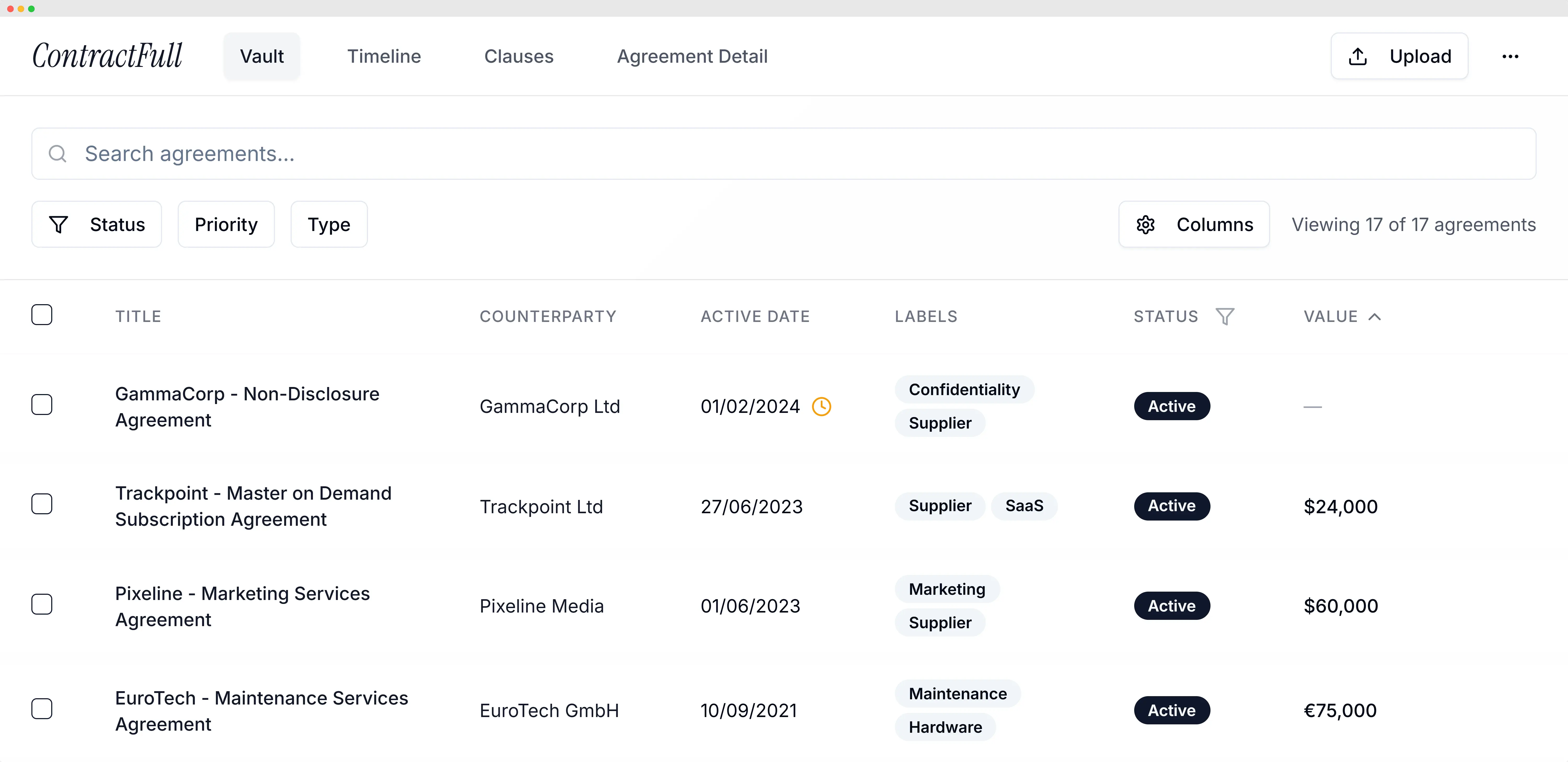 ContractFull Contract Vault - Complete overview of all your agreements with smart filtering, search, and comprehensive key contract details
